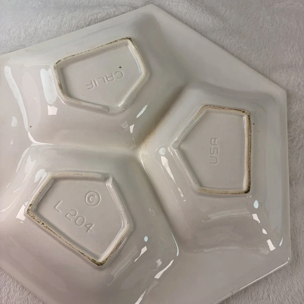 Vintage 60s California Pottery White Hexagon Divided Serving Dish L 204 MCM USA
